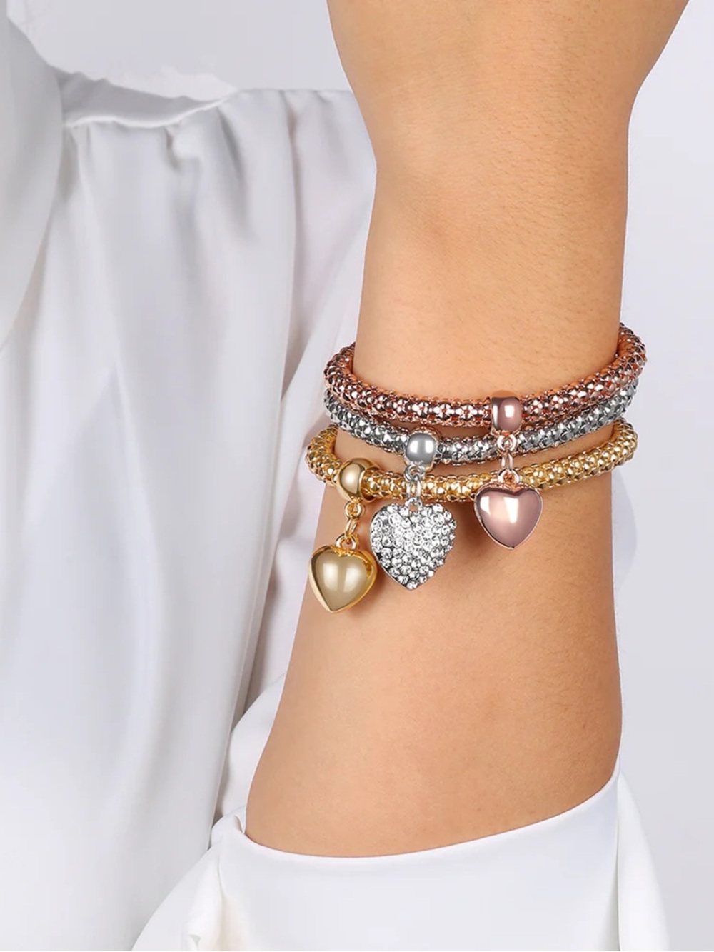 Trio Heart Charm Bracelet Set - Gold, Silver & Rose Gold